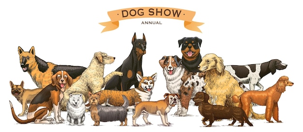 Hondenbanner verschillende rassen huisdieren poster puppy personages ontwerp collectie gegraveerd