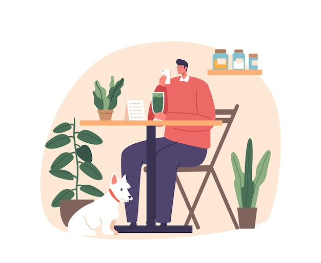 Hondenbezitter geniet van microgreens-smoothies met zijn harige vriend in een veganistisch restaurant Klant mannelijk personage geniet van de verse smaken en promoot een gezonde levensstijl Cartoon vectorillustratie