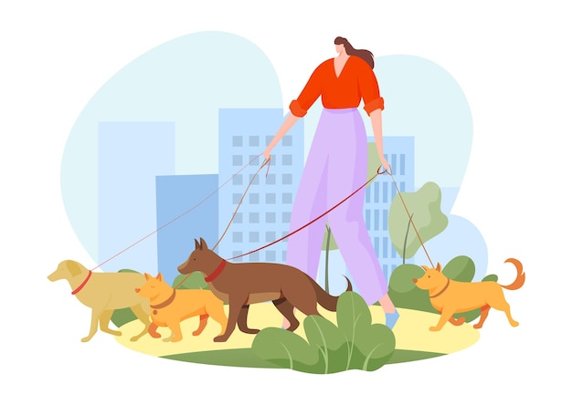 Vector hondenoppas wandelen met gezelschapsdieren vector illustratie buitenverzorgingsservice voor puppy platte vrouw karakter houden riem in hand wandelaar beroep