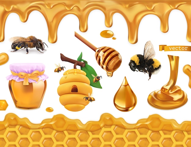 Honey 3d realistic set. bee, beehive, honeycomb and drops