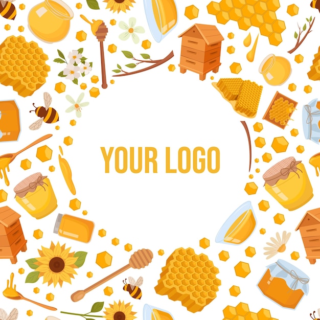 Vector honey background apiary bees beehive sunflower honeycomb arranged in a circle shape vector flat