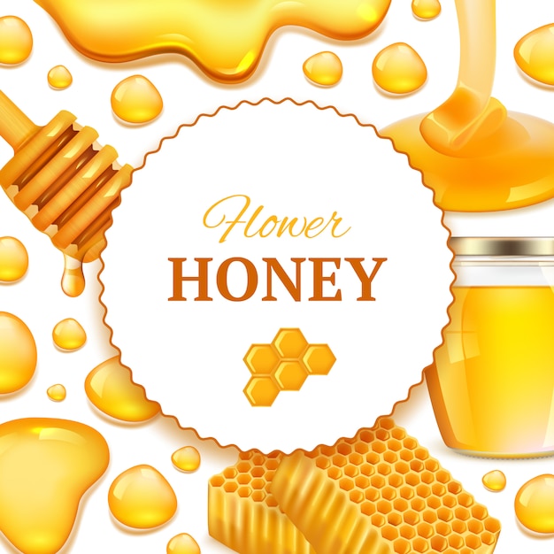 Honey background. realistic frame with honeycomb and sticky golden honey farm fresh food splashes picture with place for text