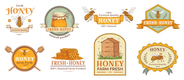 蜂蜜のバッジ。自然な蜂ファーム製品ラベル、有機養蜂花粉とミツバチの巣箱エンブレムバッジイラストセット