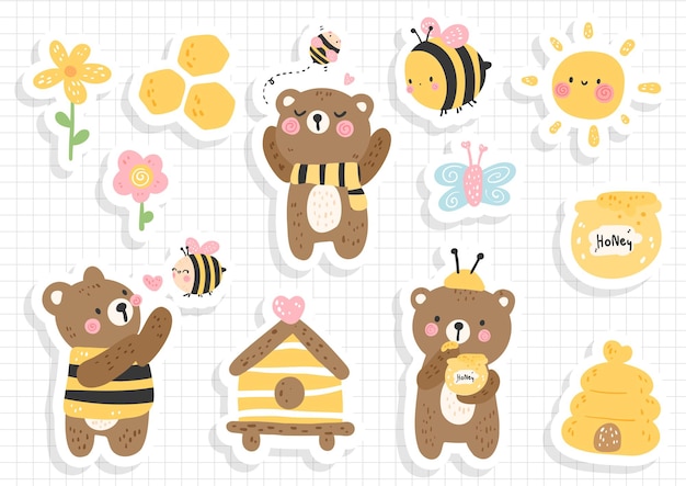 Vector honey bee and bear sticker, scrapbook, bee sticker sheet