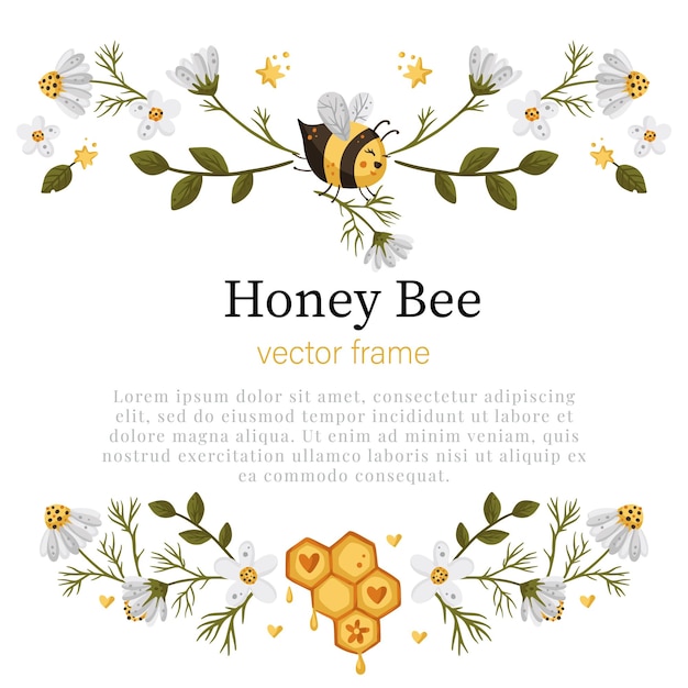 Vector honey bee border frame. vector illustration. horizontal divider frame card with daisy flower.