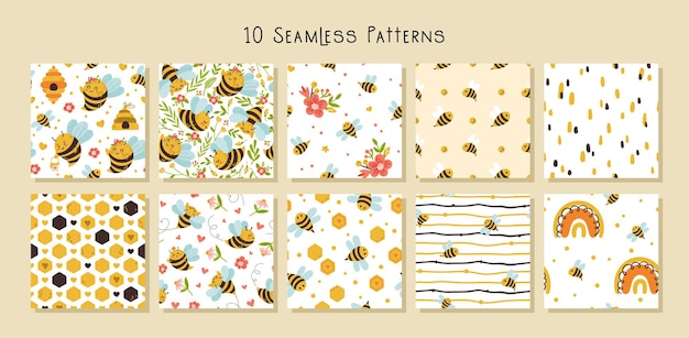 Honey bee cartoon seamless pattern set