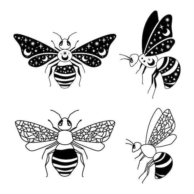 Vector honey bee clipart celestial isolated items black and white silhouette insects vector illustration