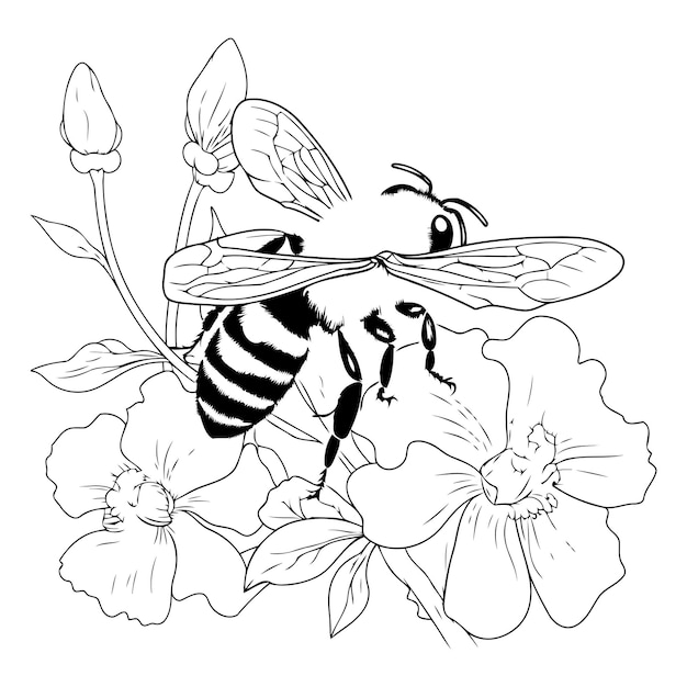 Vector honey bee on a flower black and white drawing