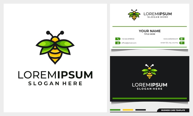 Дизайн логотипа медовой пчелы с концепцией листа крыла и шаблоном визитной карточки