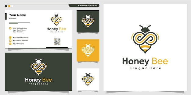 Honey bee logo with infinity line art style and business card design