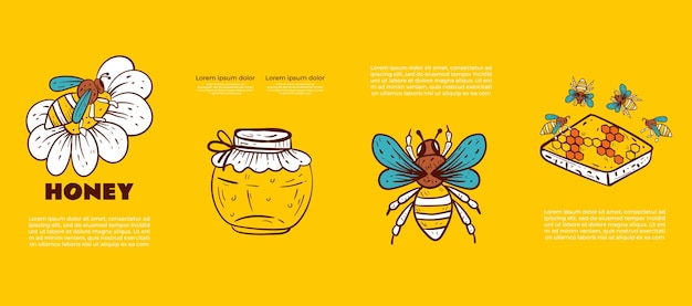 Плакат с медоносной пчелой, флаер, презентационная брошюра, концепция сот пчеловодства