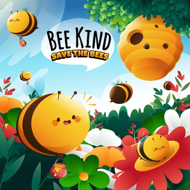 Vector honey bee protection with cute bees concept