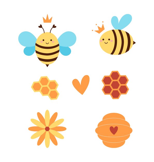 Vector honey bee queen and beekeeper set