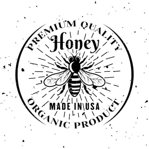 Honey bee vector emblem badge label or logo in monochrome style isolated on white background