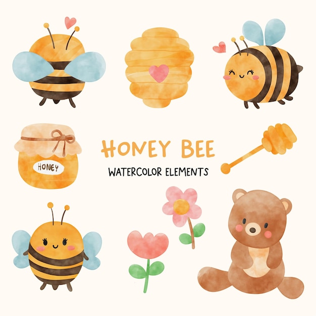 Vector honey bee watercolor set