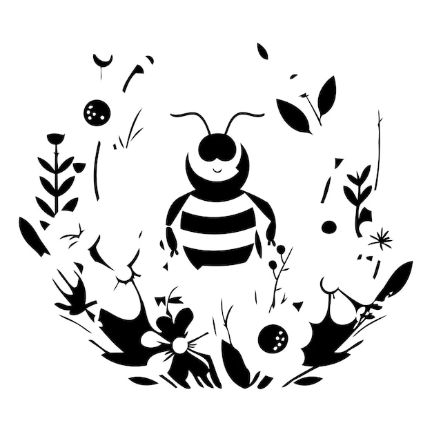 Honey bee with flowers and leaves Flat style vector illustration
