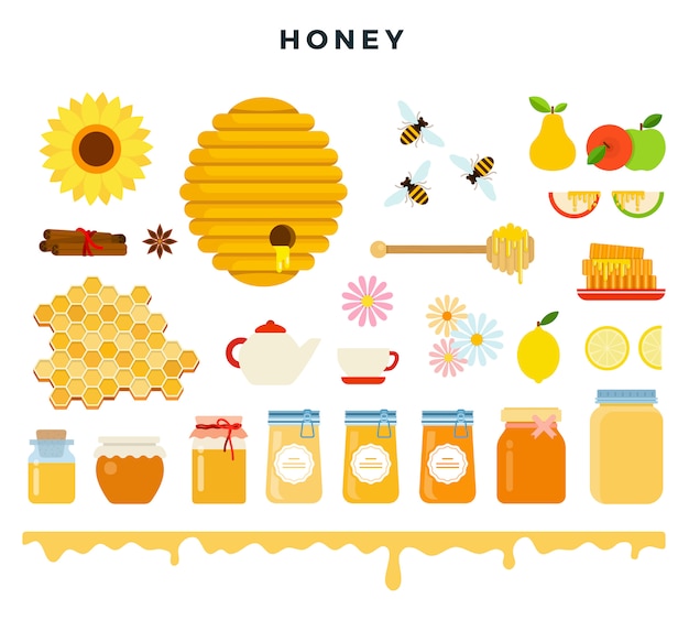 Miele e apicoltura, set di icone in stile piatto. api, alveare, nido d'ape, miele, strumenti di apicoltura, illustrazione vettoriale.