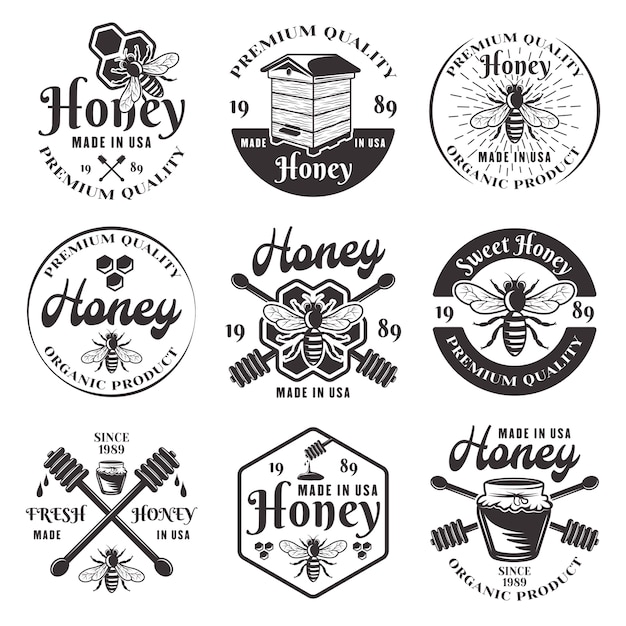 Vector honey and beekeeping set of nine black  emblems, labels, badges and logos in vintage   on white background