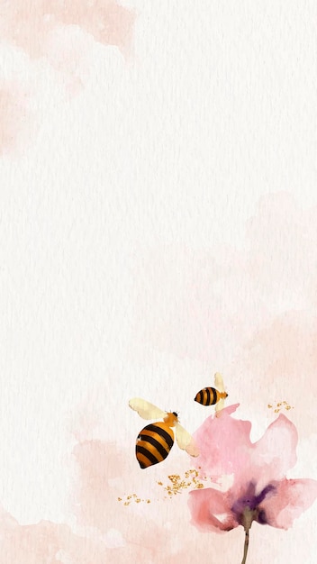 꿀벌과 꽃 수채화 배경 휴대 전화 벽지 벡터