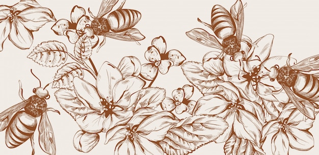 Honey bees and flowers line art card