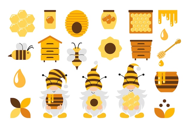 Honey bees vector set cute bee cartoon collection funny illustrations flat style icons beekeeping clip art queen bee gnomes beehives borders flowers honeycombs