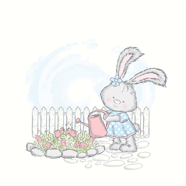 Honey Bunny in a dress watering flowers Vector illustration for a card or poster