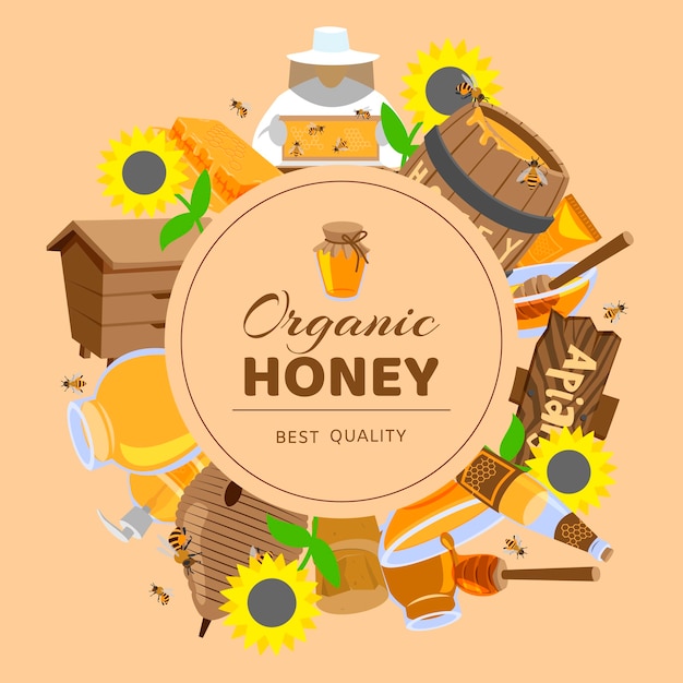 Cornici di miele color cartone animato girasole, botte, alveare, api a nido d'ape