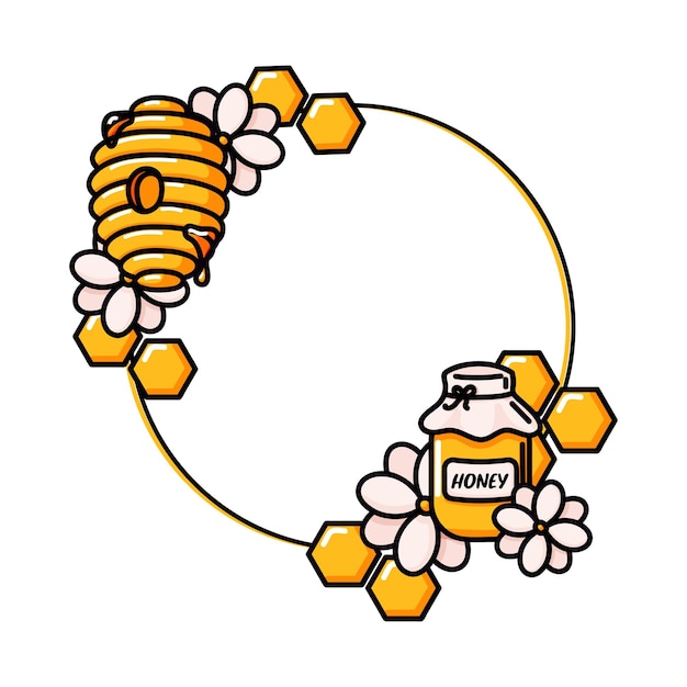 Honey circle yellow and black frame vector illustration Round template with bee honey jar flowers beehive hive and honeycombs Cartoon doodle style hand drawn drawing art isolated on white