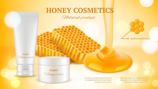 Banner di cosmetici al miele. tubo crema realistico e favi.