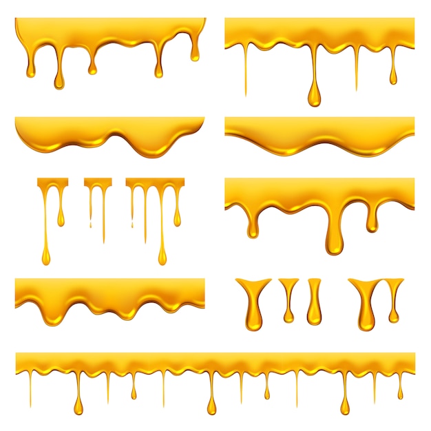 Il miele gocciolava. l'olio dorato liquido o l'alimento della salsa cade la spruzzata del caramello e il modello realistico che scorre