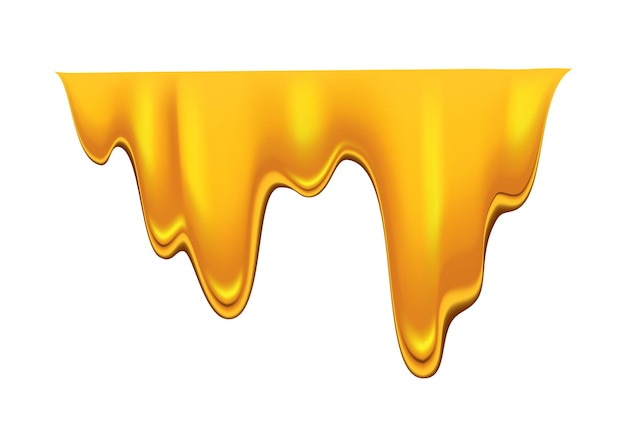 白い背景に滴る蜂蜜。ゴールデンフローシロップ、キャラメルフローまたはリキッドメルトテンプレート。カラフルで美味しいハニードロップ
