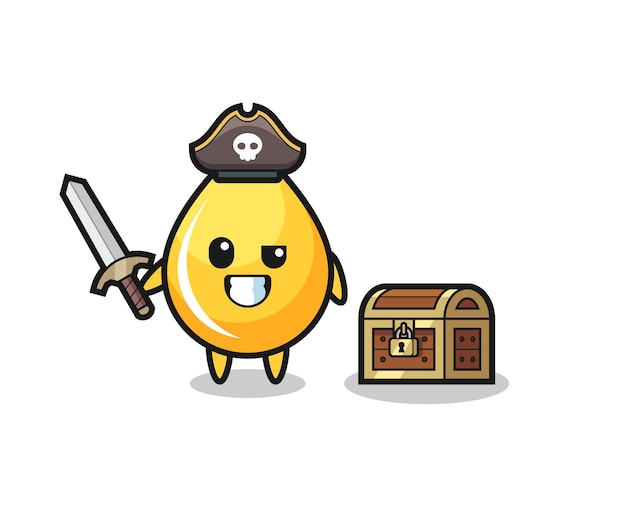 The honey drop pirate character holding sword beside a treasure box