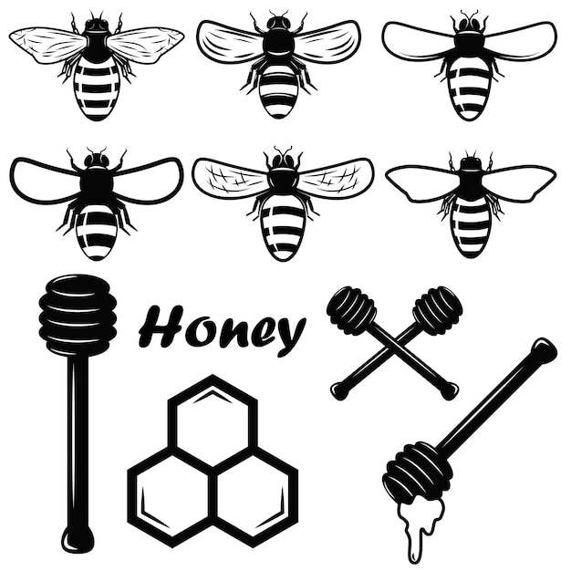 Elementi di miele. illustrazioni di api. elementi di design per emblema, segno, distintivo. illustrazione