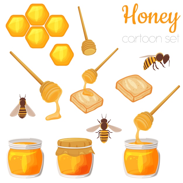 Vector honey elements cartoon illustration set, isolated cute clip-art.