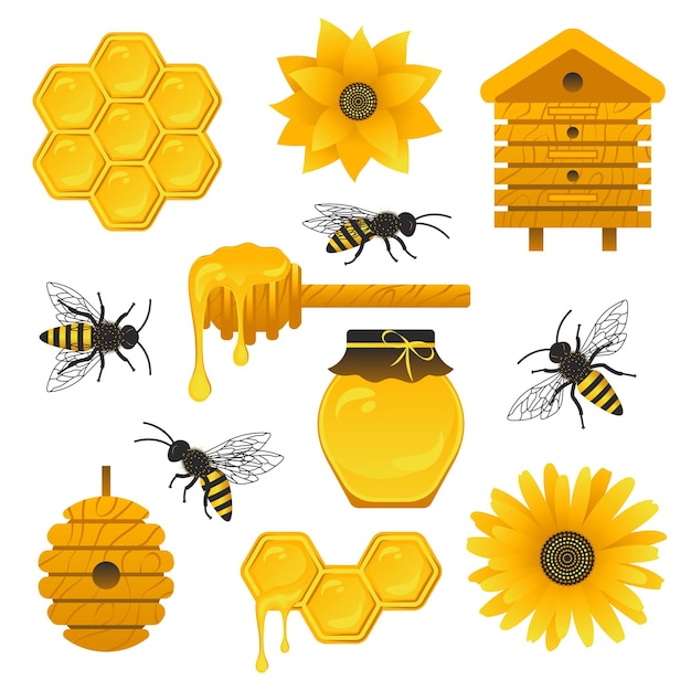 Vector honey elements collection. set of beekeeping colorful icons. bees, honeycomb, jar of honey, beehives