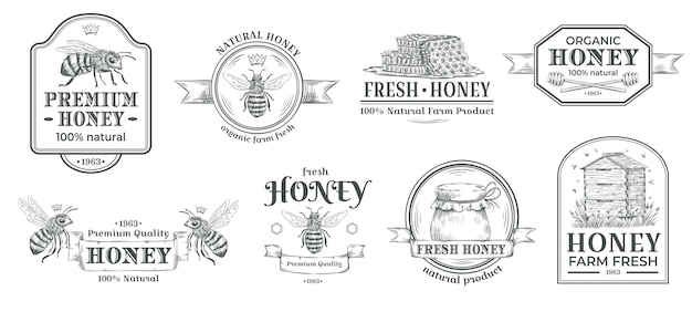 Distintivo di fattoria di miele. logo di apicoltura, retro distintivi dell'ape e insieme disegnato a mano d'annata dell'illustrazione di vettore dell'etichetta dell'idromele