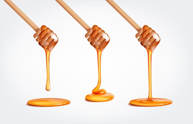 Honey flowing dripping from wooden dipper stick Honey falling set