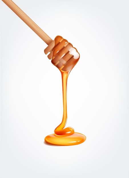 Honey flowing dripping from wooden dipper stick