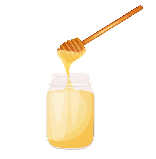 Honey in a glass jar with honey dipper outside the bottle