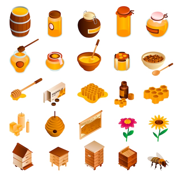 Honey icon set. Isometric set of honey