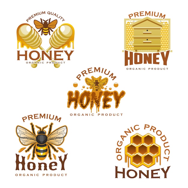 Honey icon with bee honeycomb beehive and dipper