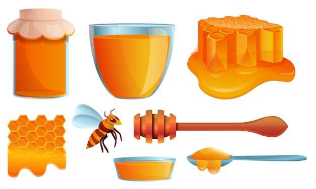 Honey icons set, cartoon style