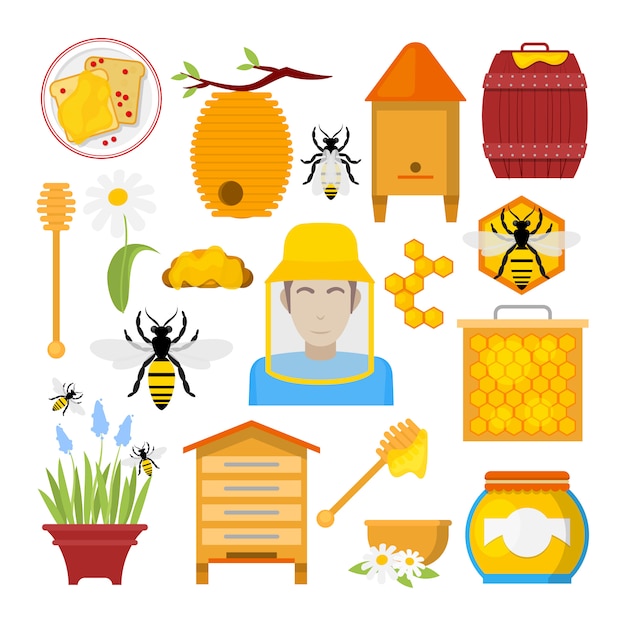 Vector honey icons set with bee, beekeeper, honeycomb. healthy organic food.