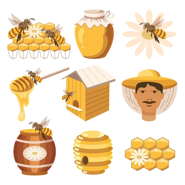 Honey illustration set a glass jar of honey and a barrel of honey a beekeeper honeycomb bees