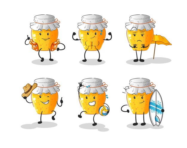 Honey jar beach vacation set character. cartoon mascot vector