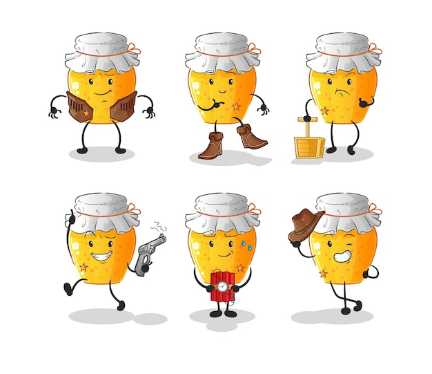 Honey jar cowboy group character. cartoon mascot vector