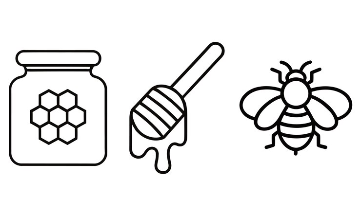 Honey Jar Dipper and Bee Outline Icons Set vector illustration