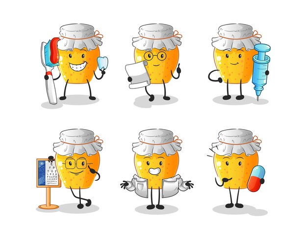 Honey jar doctor group character. cartoon mascot vector