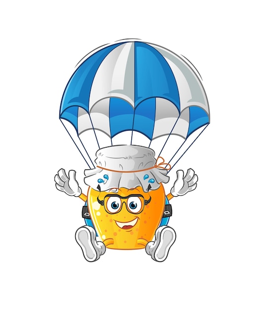 Vector honey jar skydiving character. cartoon mascot vector