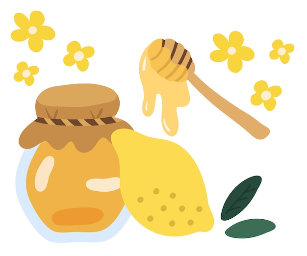 Honey jar with lemon flat vector illustration